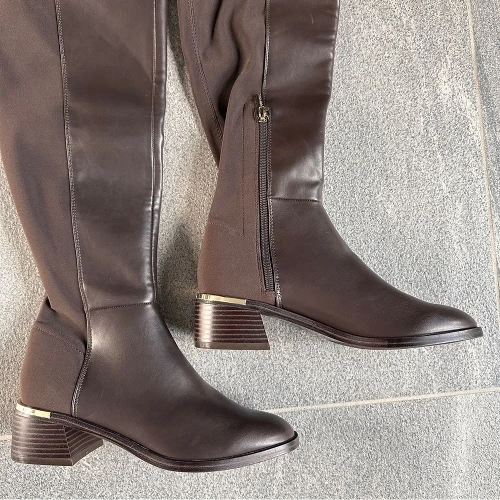 NWOB Calvin Klein Jotty Over The Knee Dress Boots Round Toe Brown Faux Leather 7